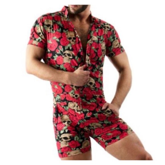 Glimms New York Mens Size Large Roses with Skulls Floral Romper Button Zip Goth - Picture 1 of 11